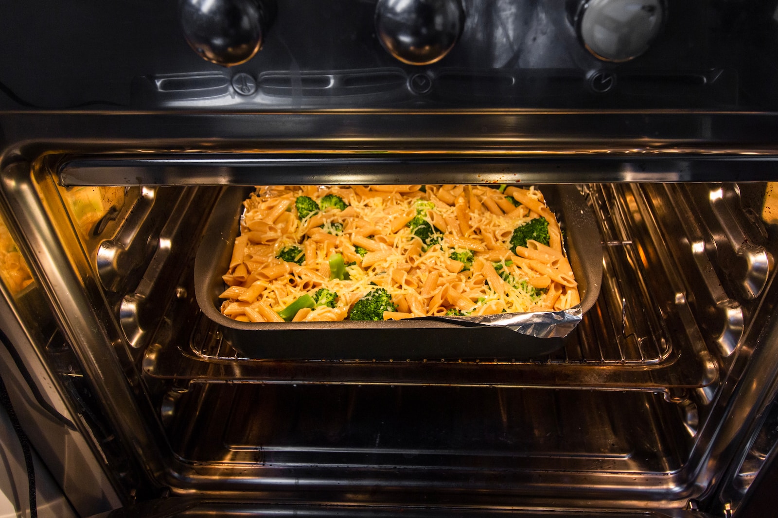 pasta dish on stainless steel tray